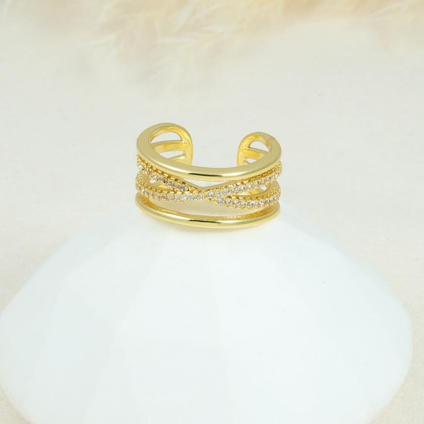 Anillo ajustable de doble banda con circonitas en baño de rodio dorado | Feral